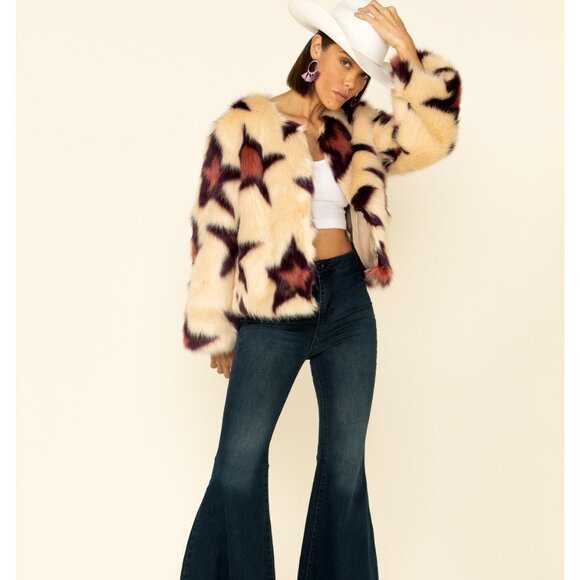 BAND OF GYPSIES Stars Faux Fur Jacket NWOT Pink, Purple, Ivory size XS - Picture 6 of 12